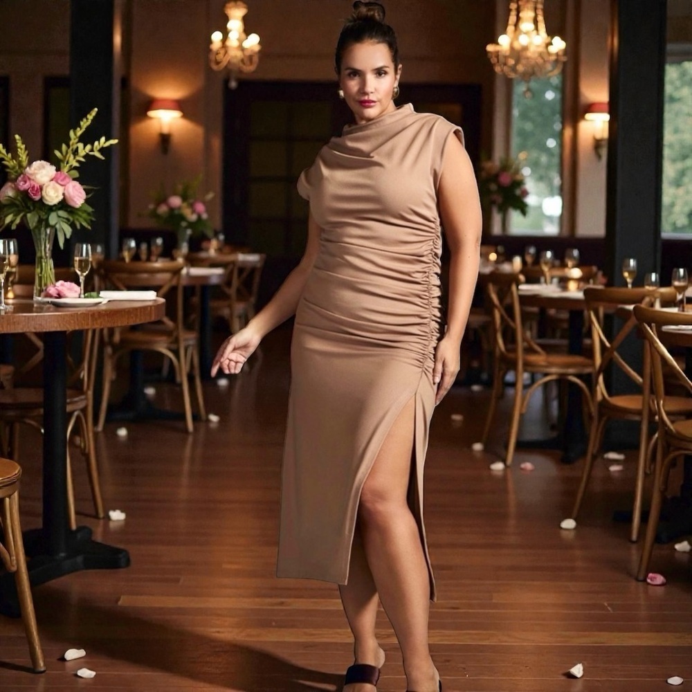NWT Anthropologie ‘The Maya Ruched Cowl-Neck Dress’ in “Cedar” Tan Plus Size 3X